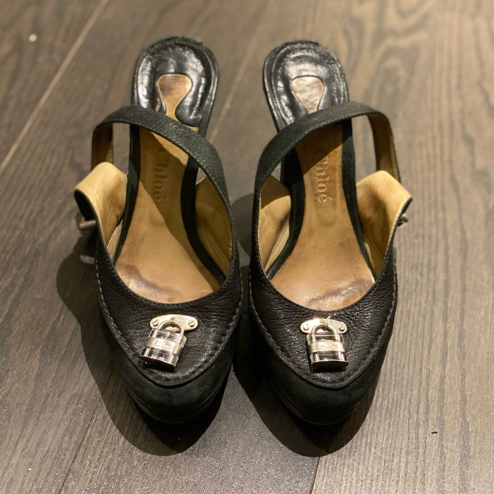 CHLOE SLINGBACK PLATFORM LOCK HEELS SZ 37 LEATHER